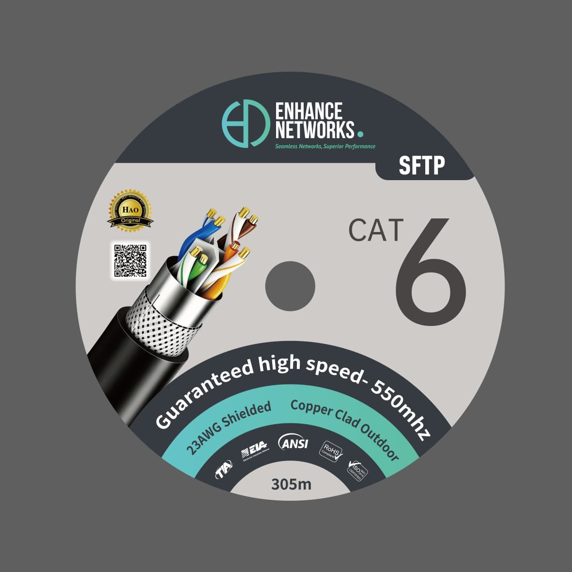 Enhance 23awg 0.57mm Outdoor SFTP Shielded Cat6 Cable 305m
