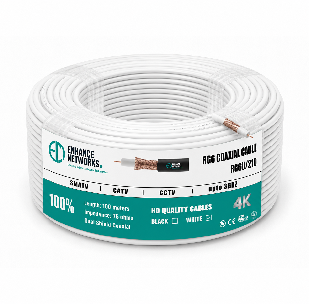 Enhance Coaxial RG-6 Dual Copper Clad Shield - 100 Yards White PVC Jacket