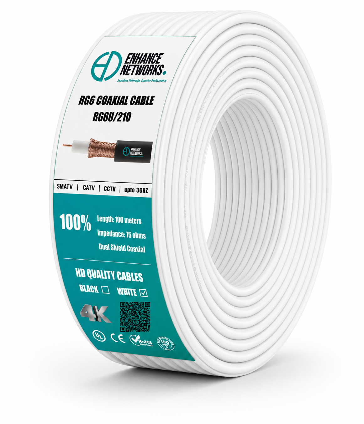 Enhance Coaxial RG-6 Dual Copper Clad Shield - 100 Yards White PVC Jacket