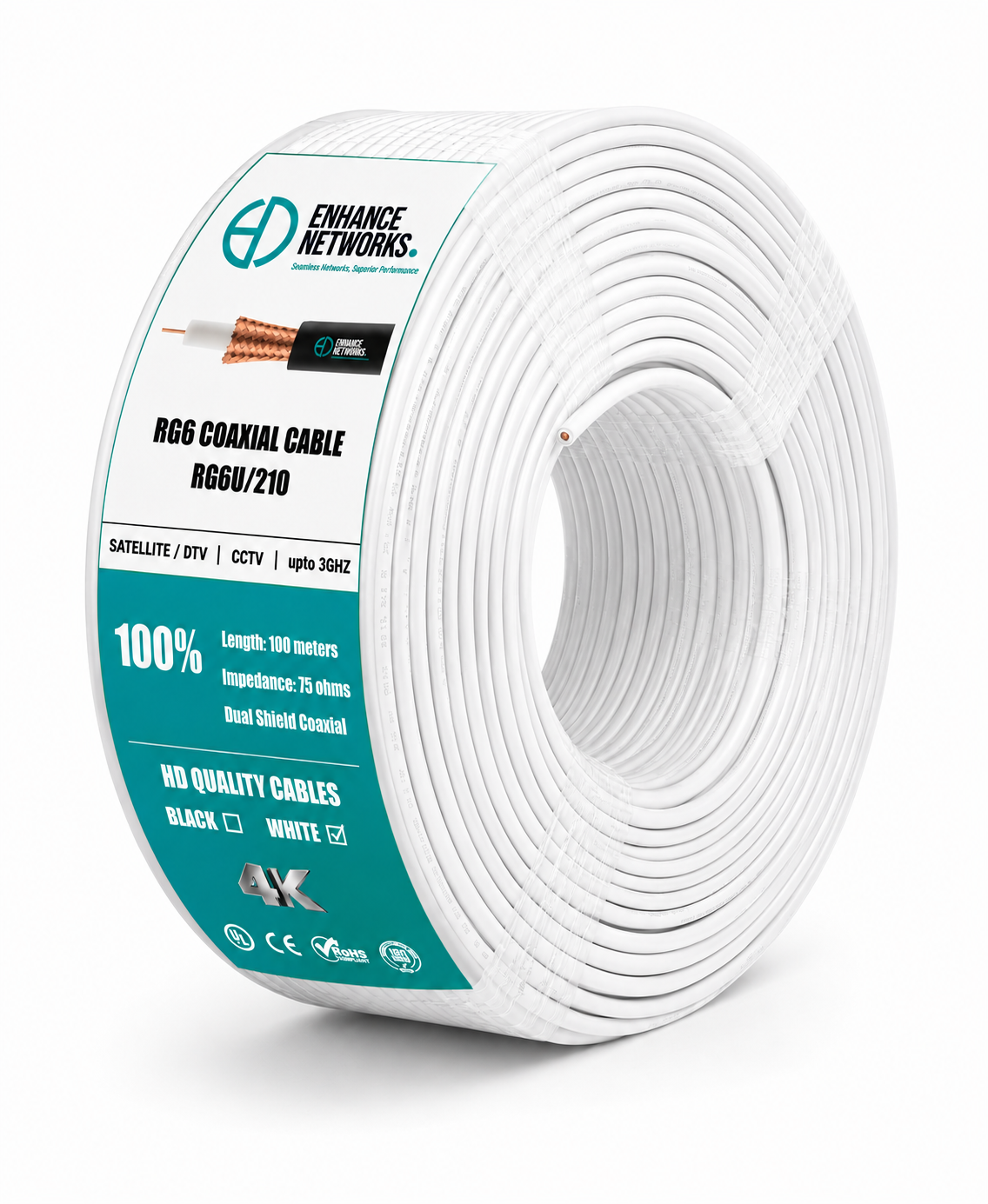 Enhance Coaxial RG-6 Dual Copper Clad Shield - 100 Yards White PVC Jacket