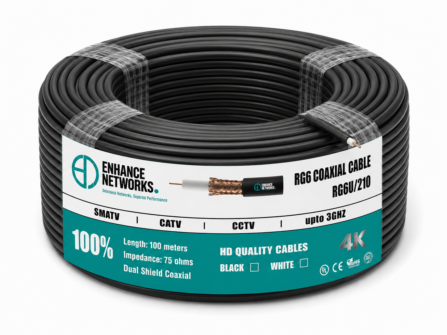 Enhance Coaxial RG-6 Dual Copper Shield 100 Yards - Black PVC