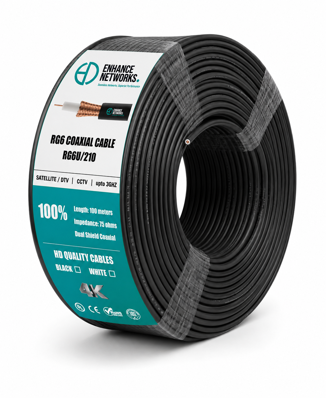 Enhance Coaxial RG-6 Dual Copper Shield 100 Yards - Black PVC