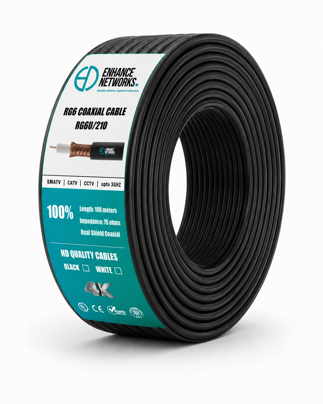 Enhance Coaxial RG-6 Dual Copper Shield 100 Yards - Black PVC