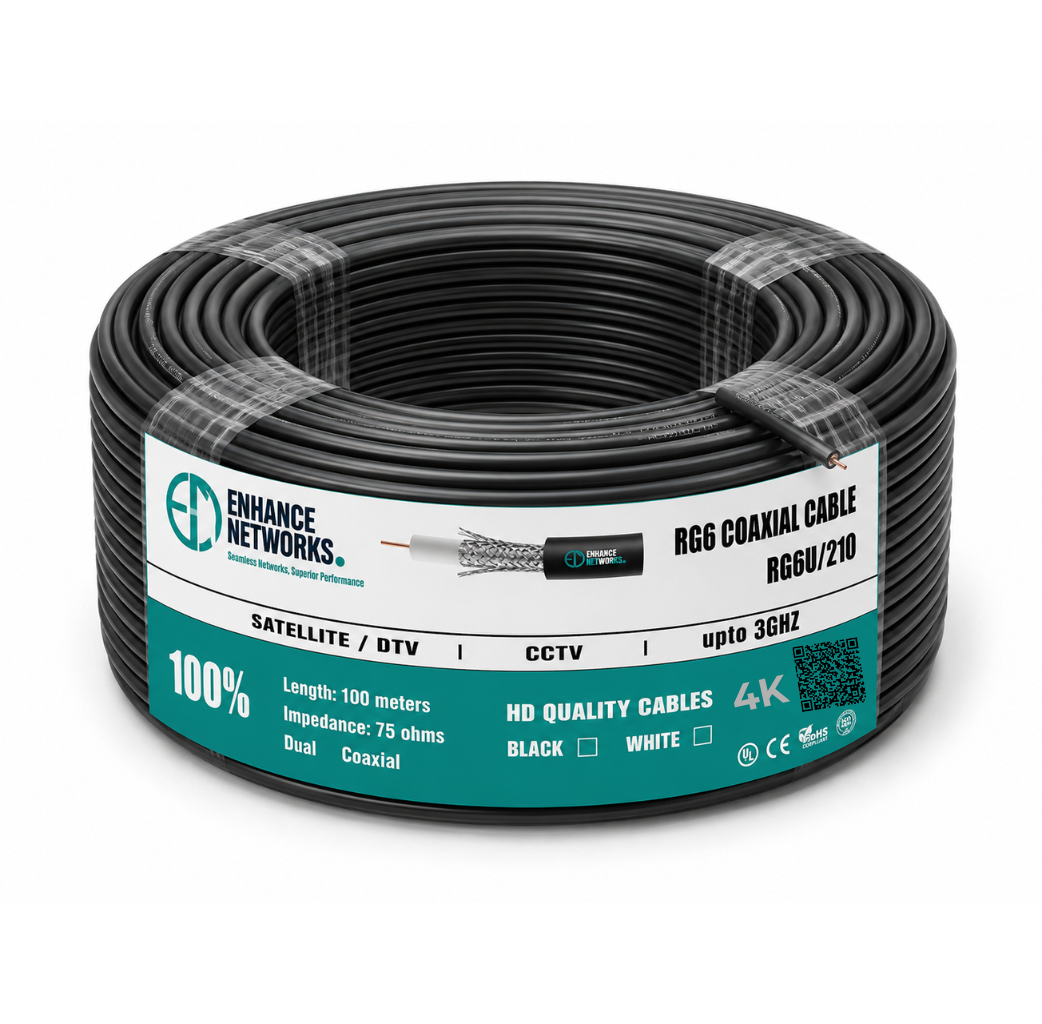 Enhance Coaxial RG-6 Cable Dual Aluminum Shield 100 Yard Black Pvc Jacket