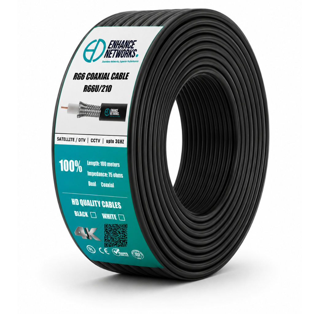 Enhance Coaxial RG-6 Cable Dual Aluminum Shield 100 Yard Black Pvc Jacket