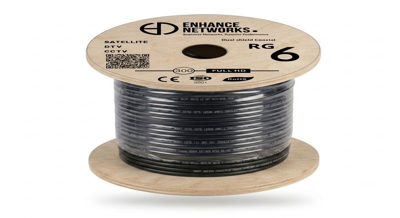 Enhanced Coaxial RG-6 Cable Dual Aluminum Shield 300m Black PVC Jacket