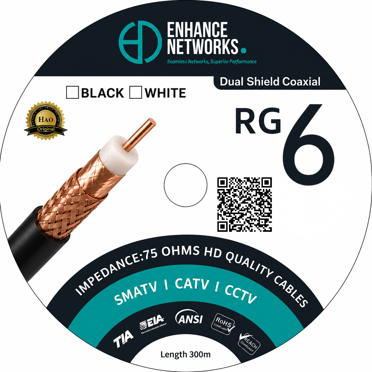 Enhance Coaxial RG-6 Dual copper Shield 300 Yards - Black PVC