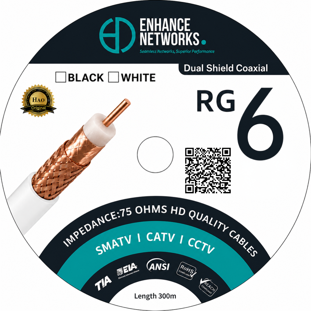 Enhance Coaxial RG-6 Dual copper Shield 300 Yards - White PVC